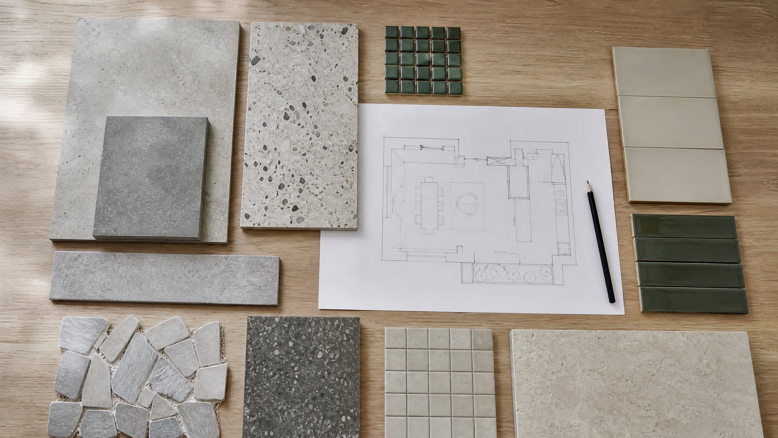 Fliesenmuster aus Feinsteinzeug, Terrazzo und Mosaik neben einem Grundriss